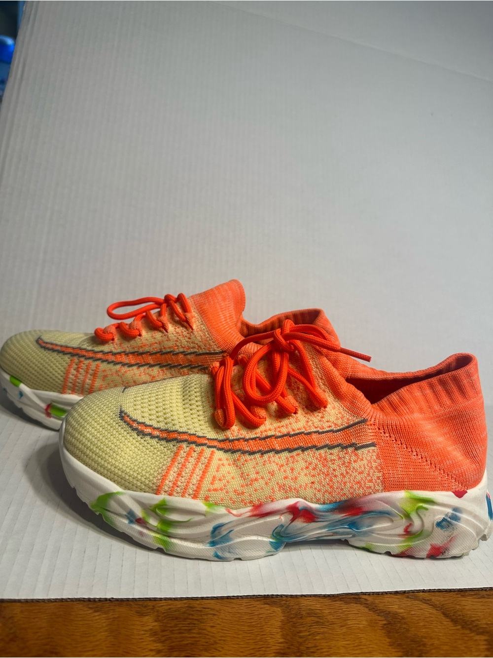 Neon Orange and Lemon Knit Women's Athletic Sneakers - Picture 10 of 13